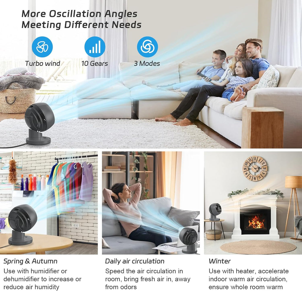 MYCARBON Silent Turbo Table Ventilator 20dB, DC Powerful Engine, 30 ° -60 ° -90 ° Oscillation, 11 Velocities, 12h Timer and Programmed Switch, with Remote Control
