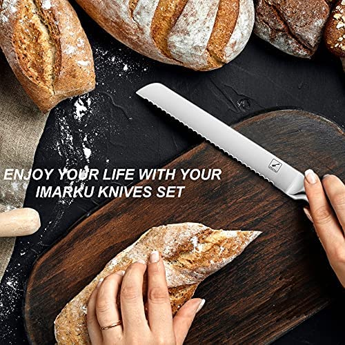 Set of kitchen knives with block, imarku 15 pieces of high carbon German steel, knife set with built-in sharpener, silver color
