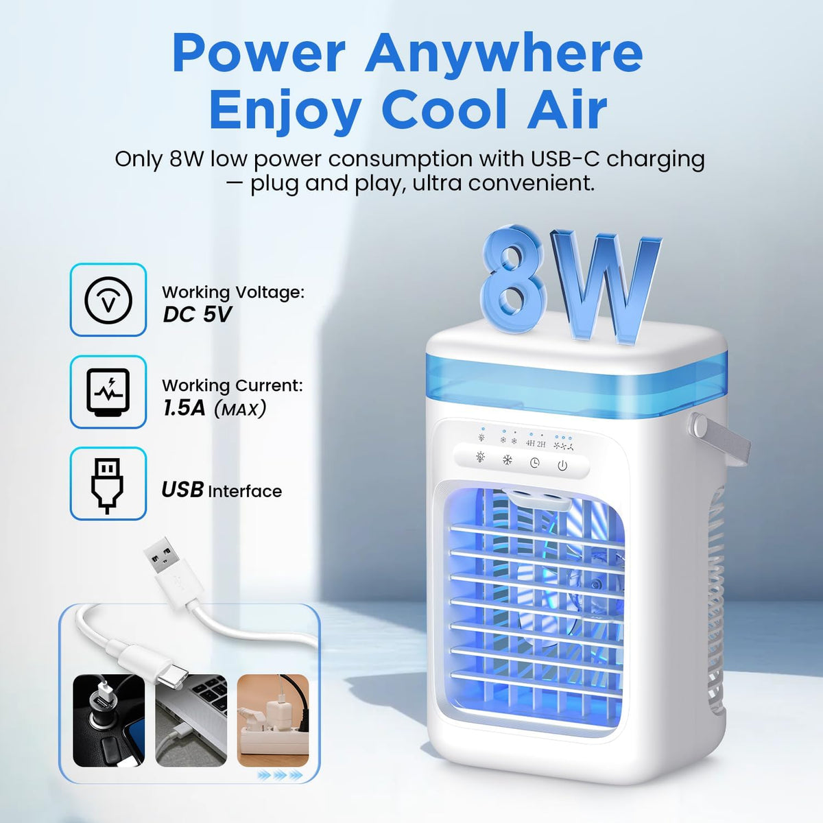 AIMIUVEI Mini Air Conditioning Portable, Air Friator 5 in 1, Fan with 1000 ml tank, 3 Velocities, 2 Nebulization modes, 2-4 hour timer, Refrigerator with 7 LED lights for Bedroom and Office