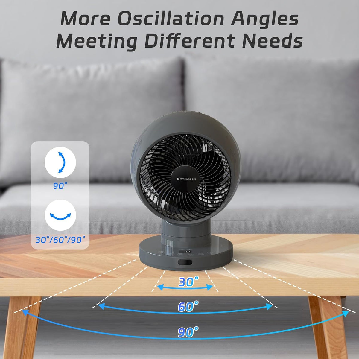 MYCARBON Silent Turbo Table Ventilator 20dB, DC Powerful Engine, 30 ° -60 ° -90 ° Oscillation, 11 Velocities, 12h Timer and Programmed Switch, with Remote Control