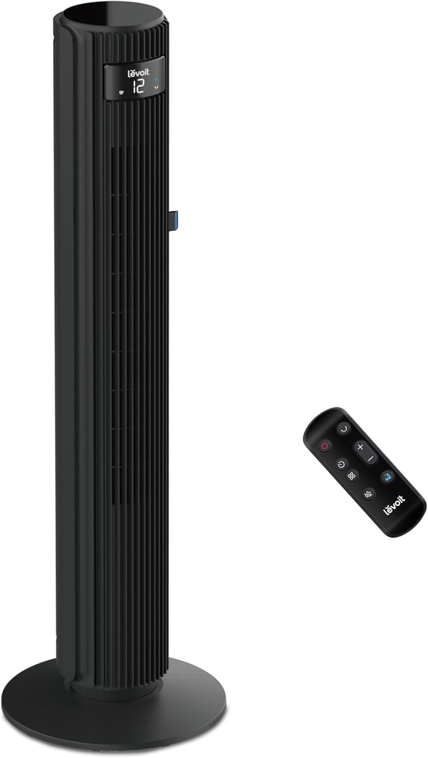 LEVILO 20dB Tower Fan with Remote Control, 7.9 m / s with DC Motor, 26W Silent Fan with Dream Mode, 4 Modos and 12 Velocities, 12H timer, LED Display, 90 ° Oscillation, White