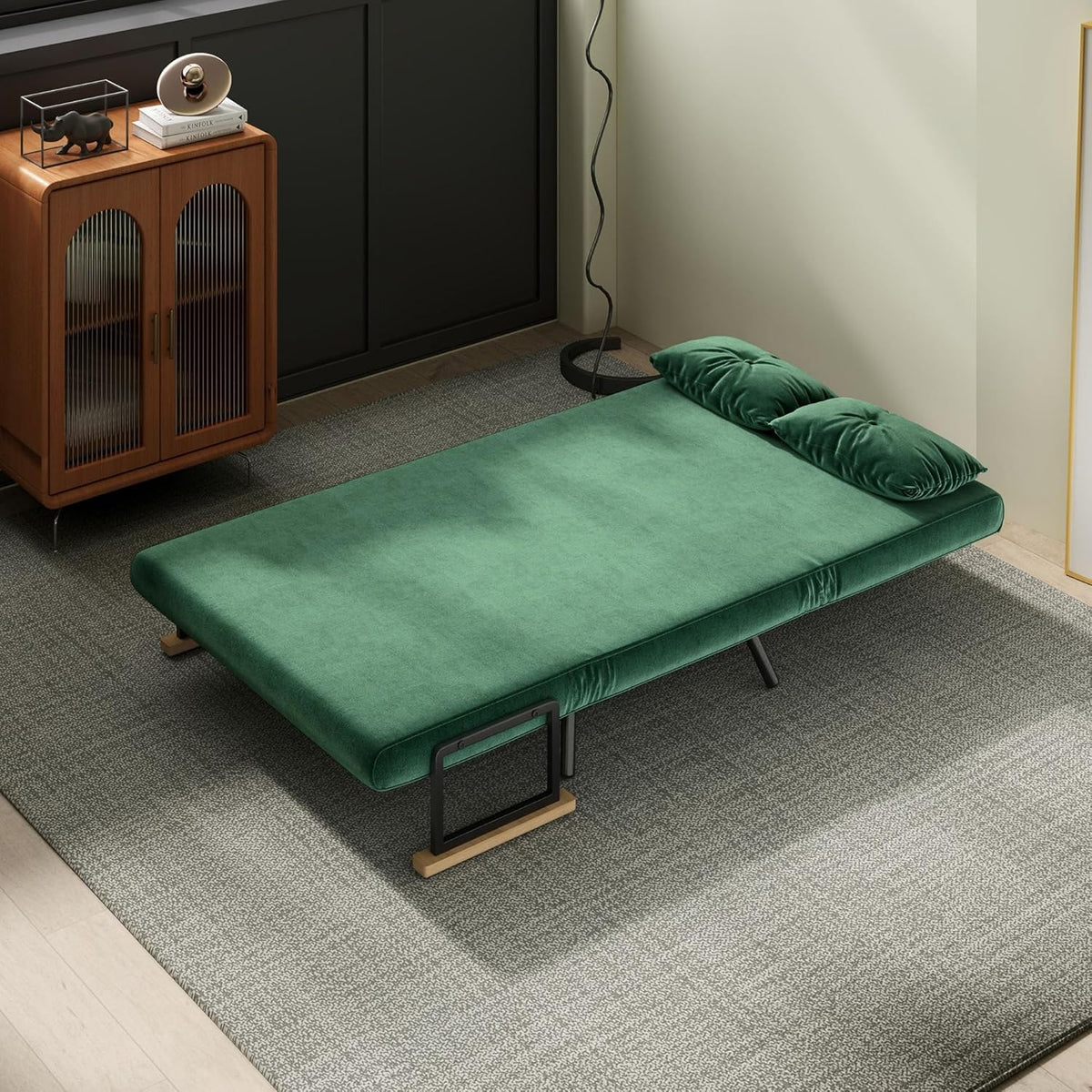 HOMCOM Sofa Bed 2 Seater Folding Sofa Bed Upholstered in Velvet with 5 Levels Adjustable Backrest and Padded Pillows for Office Bedroom Living Room 102 x 73 x 81 cm Beige