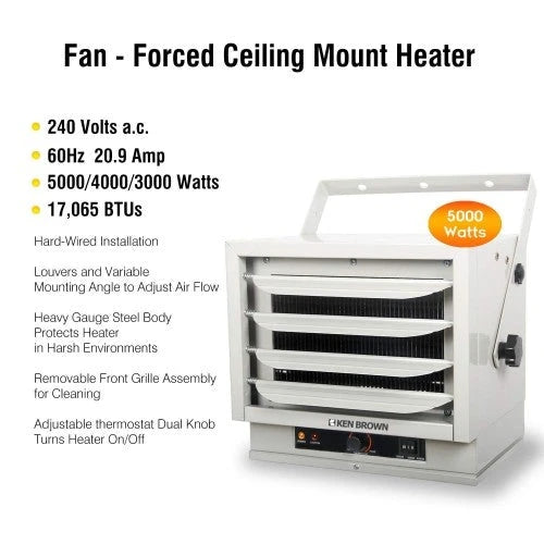 Woven heater with KEN BROWN Forged Fan 3000 / 4000 / 5000W with Double Pit Controls for Garage, Workshop, Storage or Storage Area, ETL Security Certification