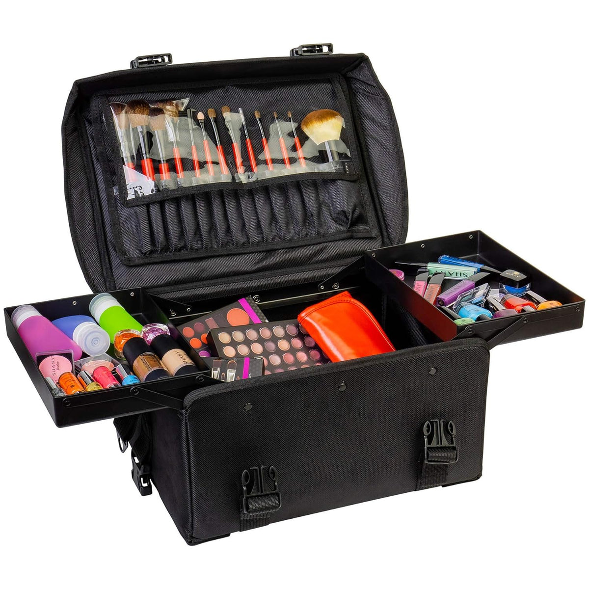 Azabache Black Vinyl Cosmetic Case with Wheels - Make-up Travel Bag