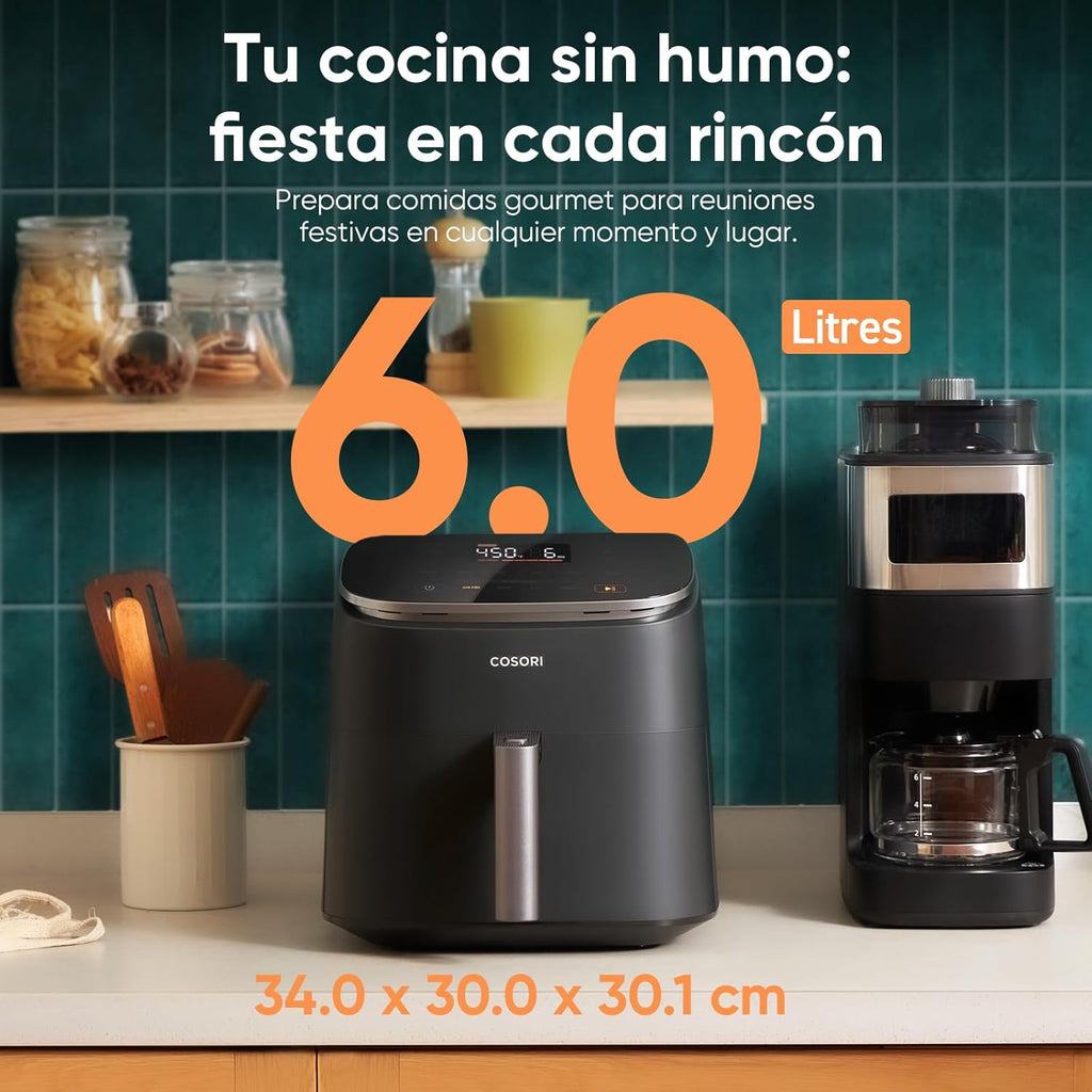 Cosori Turbo Blaze Air Freidora 6L, Real Metal Interior, Exclusive DC Motor, 46% Faster, Temperature 30 ° C to 230 ° C, Ideal for Asar Meat, Complete Kitchen Programs, Silent 27dB