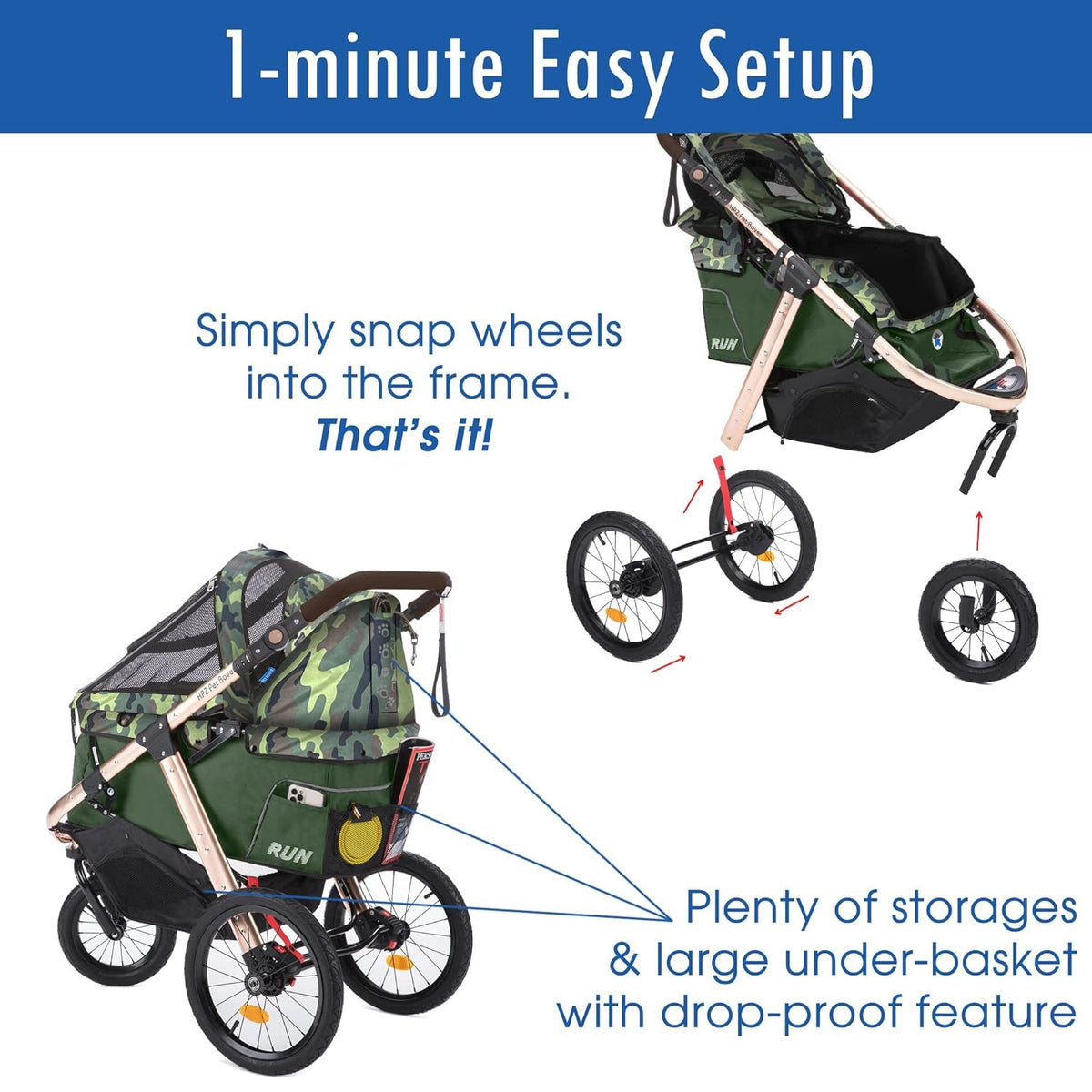 Sportive Car to Run with Confort Rubber Wheels / Quick Pledge with One Hand / Aluminium Structure for Dogs, Cats and Small or Medium Pets (Green Camouflage)