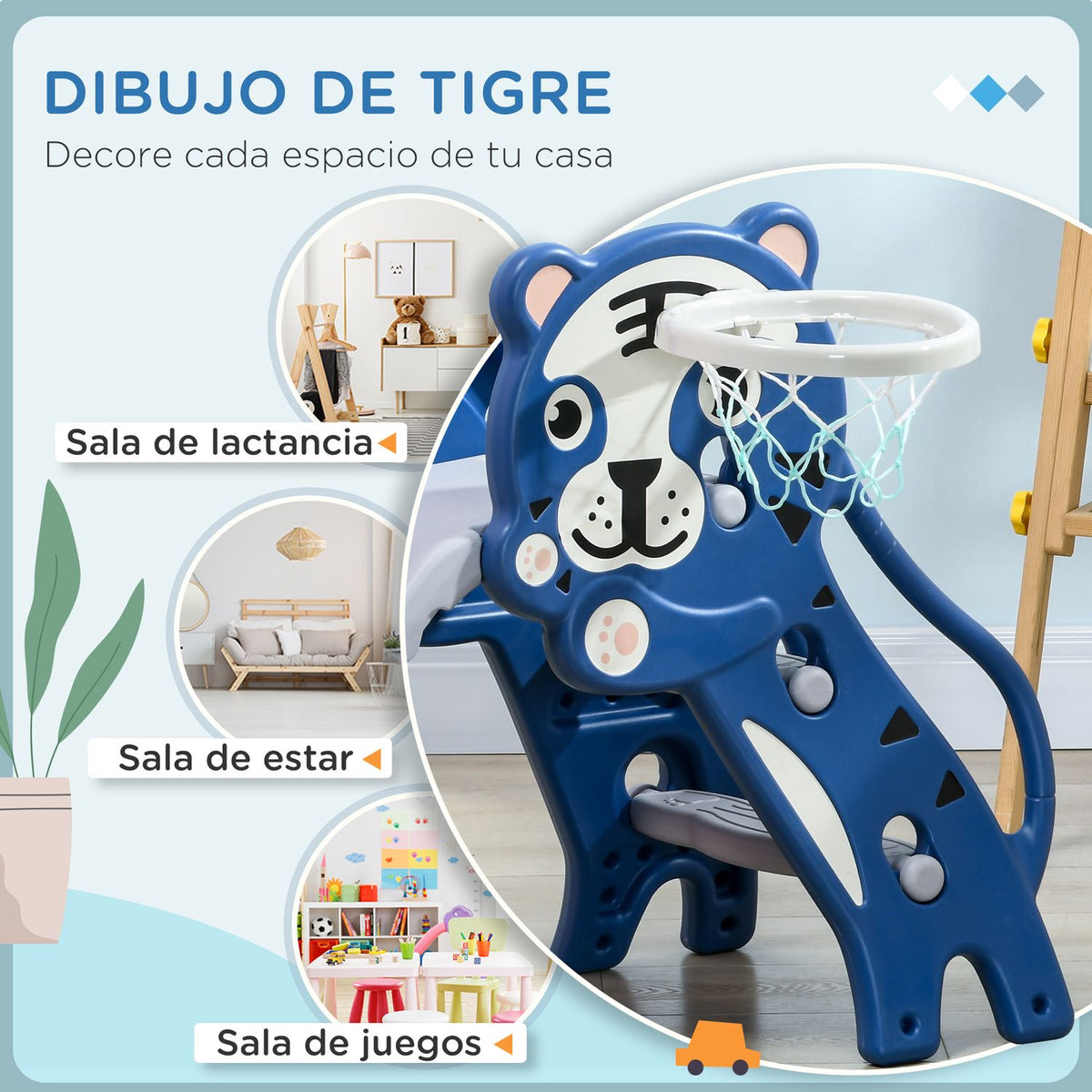 Children's Tobogan 3 In 1 With Blue Tiger Pattern and Grey Aiyaplay