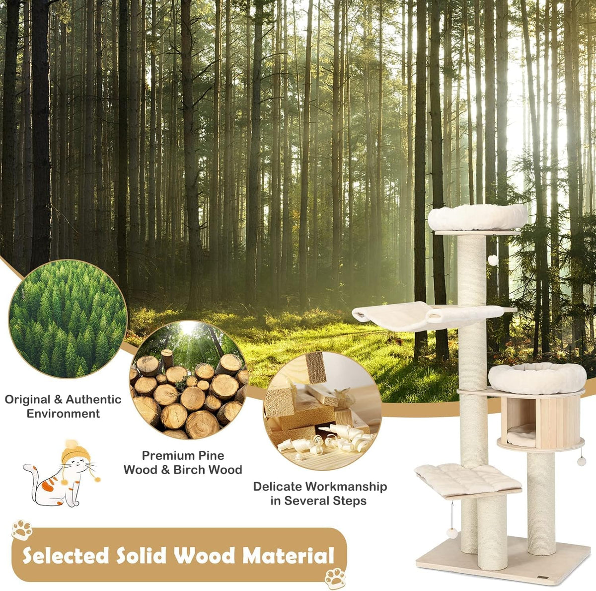 Large Cats Tree, Multiple Levels Tower with Sisal Poste, Hammock, Pendant Basket and Removable and Washable Carpets, Perfect for Big Cats