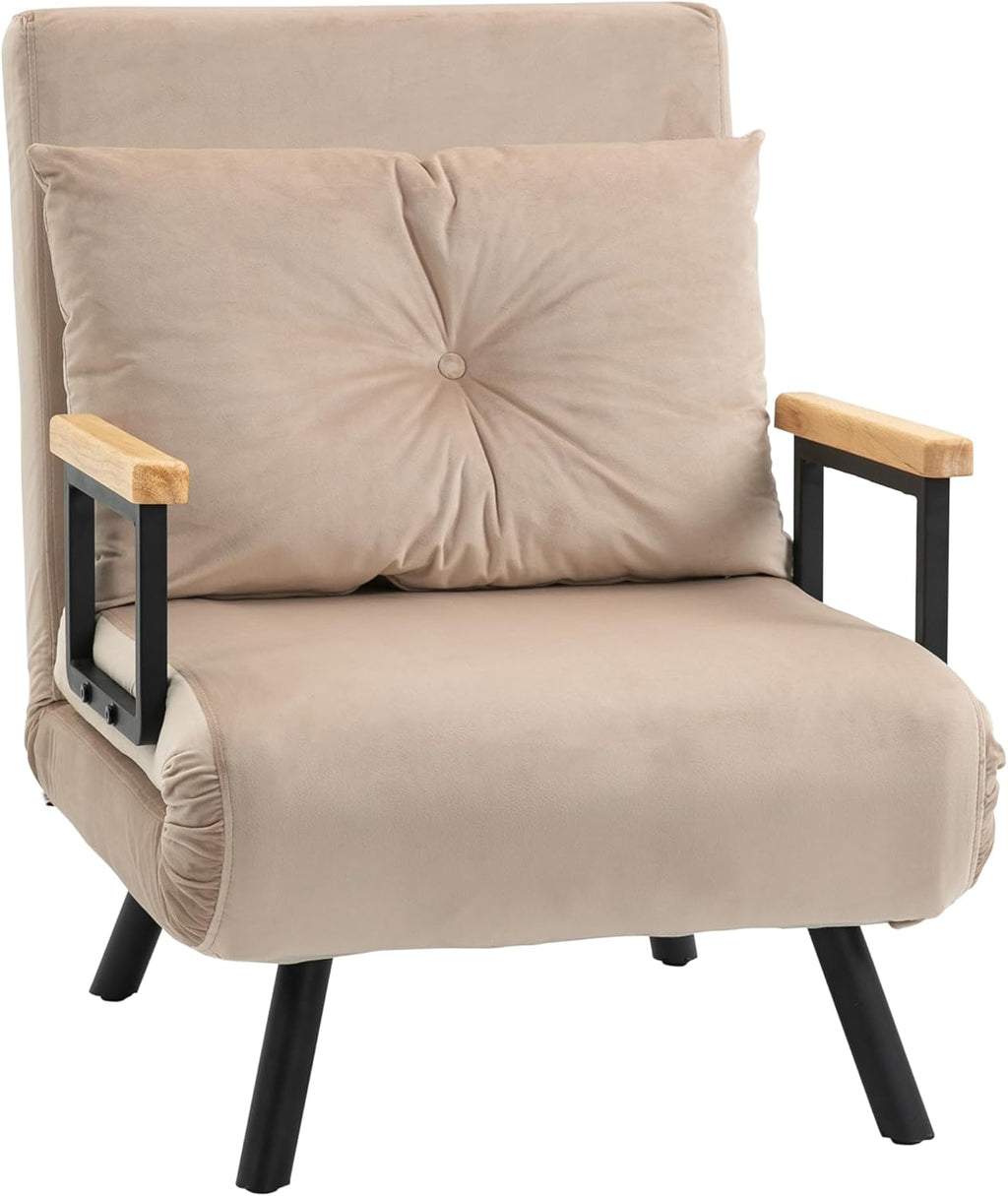 HOMCOM Sofa Bed 2 Seater Folding Sofa Bed Upholstered in Velvet with 5 Levels Adjustable Backrest and Padded Pillows for Office Bedroom Living Room 102 x 73 x 81 cm Beige