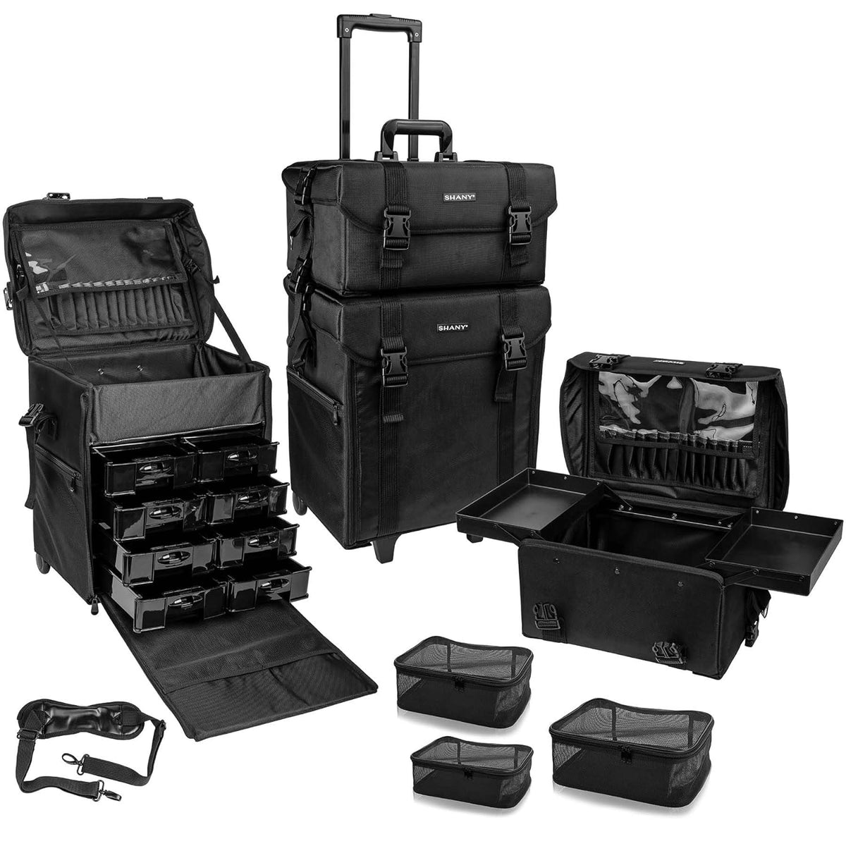 Azabache Black Vinyl Cosmetic Case with Wheels - Make-up Travel Bag