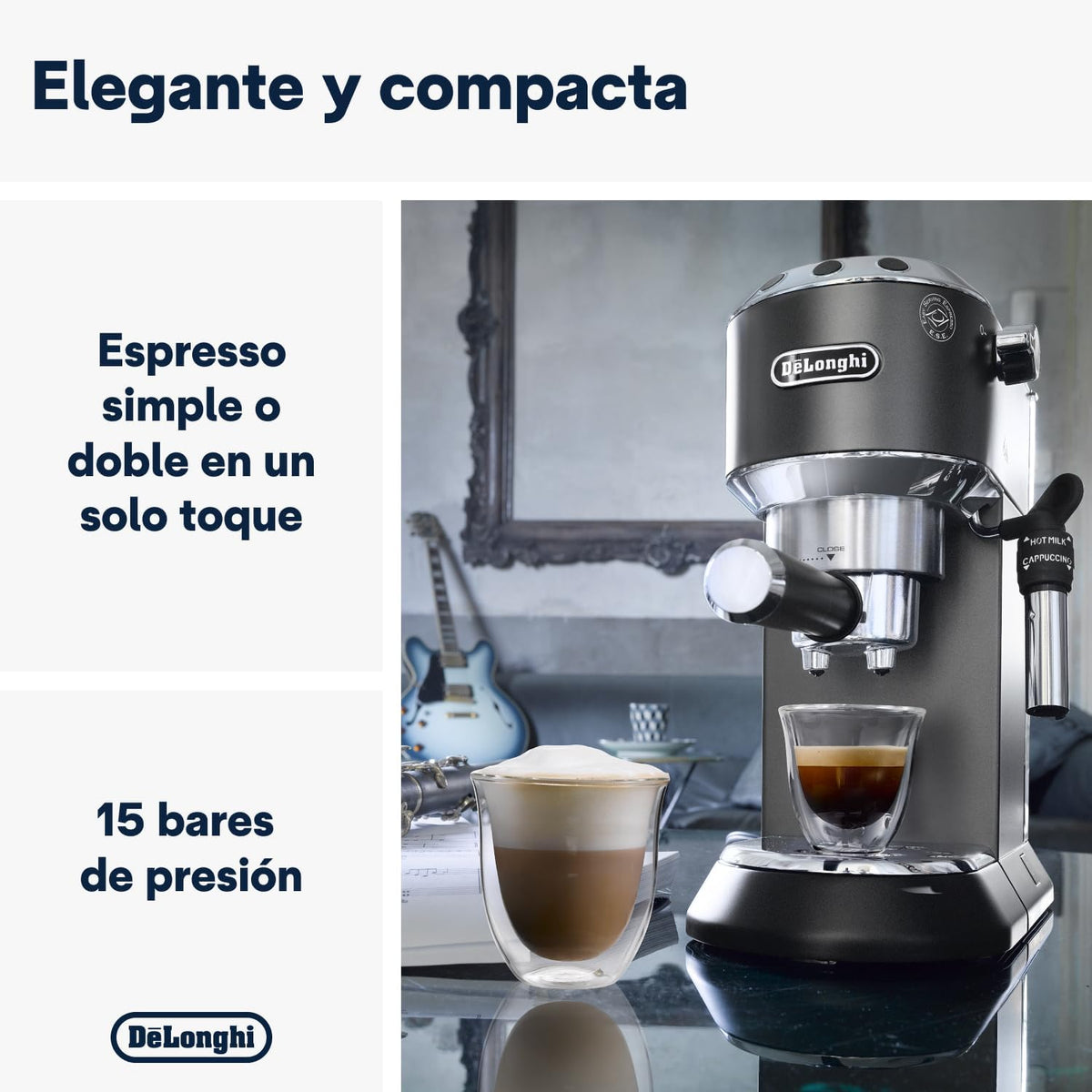 De 'Longhi Dedica - Inoxable Steel Pump Coffee Coffee Coffee Coffee, Espresso and Capuchino, 1.3 Litre Deposit, Antidote System, EC685.M Model, Metal Color