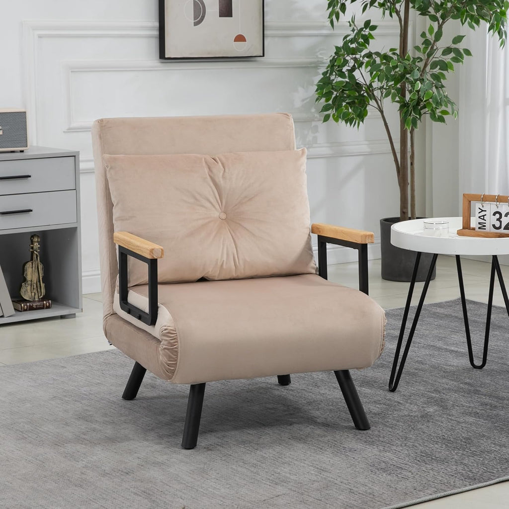HOMCOM Sofa Bed 2 Seater Folding Sofa Bed Upholstered in Velvet with 5 Levels Adjustable Backrest and Padded Pillows for Office Bedroom Living Room 102 x 73 x 81 cm Beige