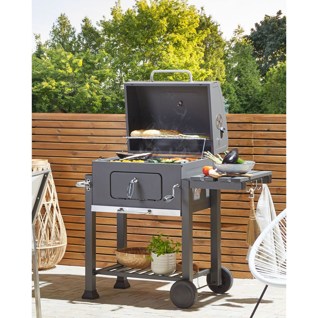 Coal Barbecue Grill Steel Grill with Row Cover Wheels 2 Stations Extractable Ash Thermometer Pavlof Garden - Gris