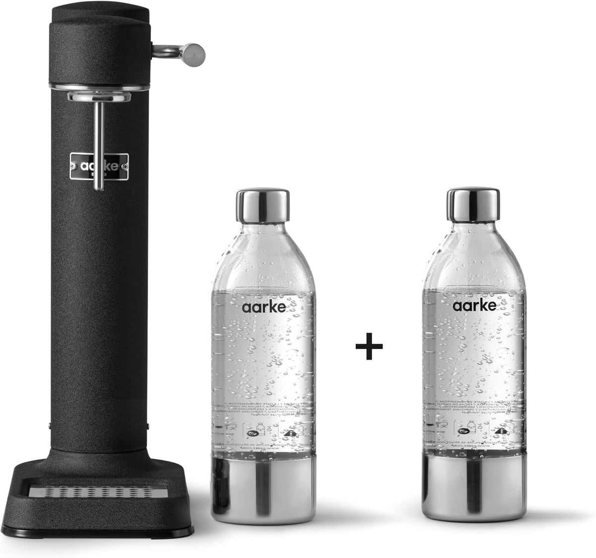 Aarke Carbonator 3, Water Gasifying Machine in Stainless Steel, includes Two Bottles (800ml), Black Finished