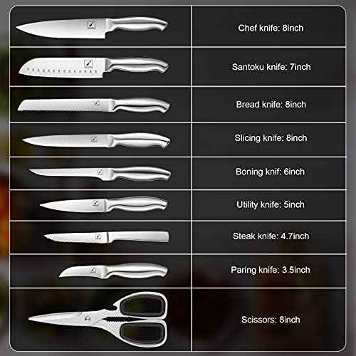 Set of kitchen knives with block, imarku 15 pieces of high carbon German steel, knife set with built-in sharpener, silver color