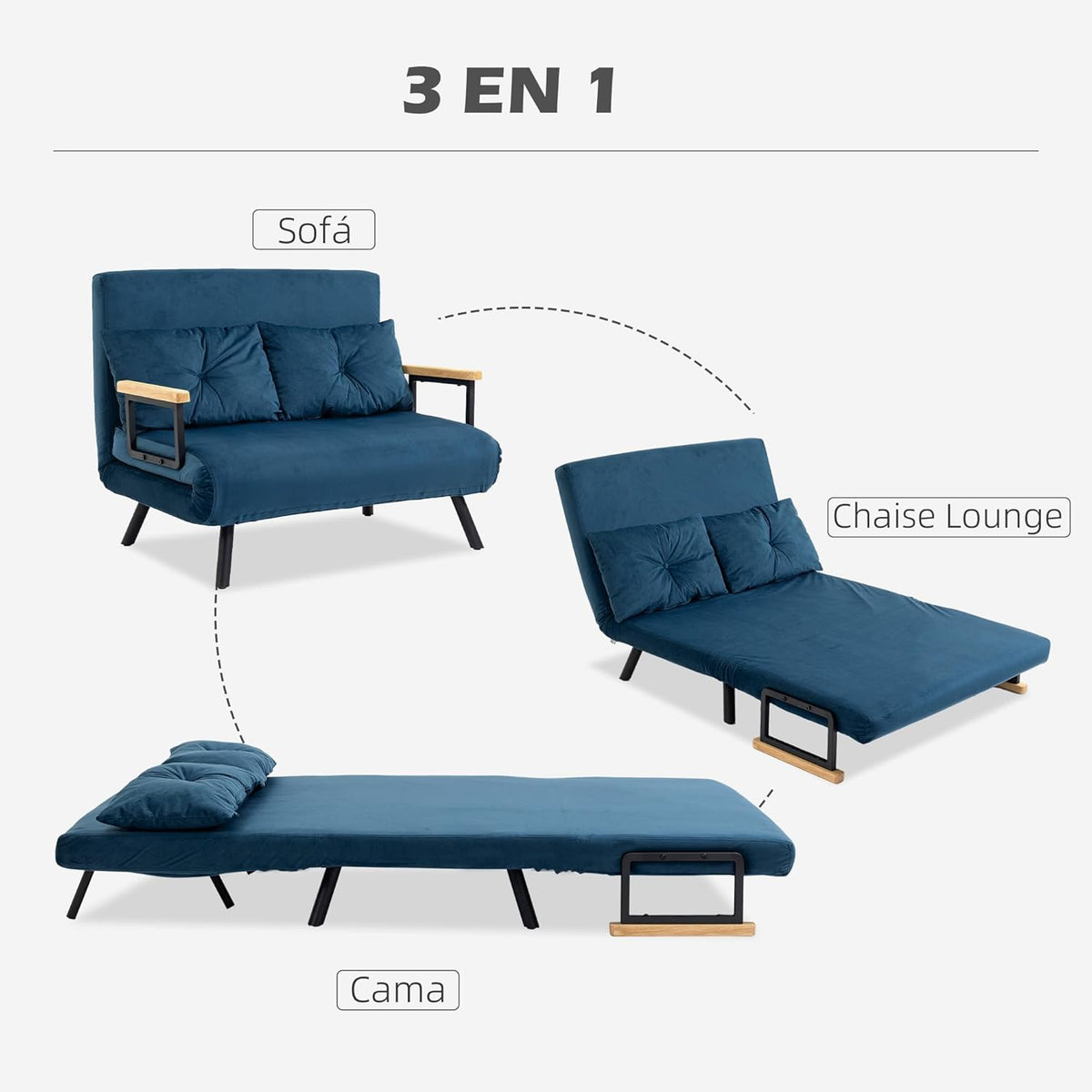 HOMCOM Sofa Bed 2 Seater Folding Sofa Bed Upholstered in Velvet with 5 Levels Adjustable Backrest and Padded Pillows for Office Bedroom Living Room 102 x 73 x 81 cm Beige
