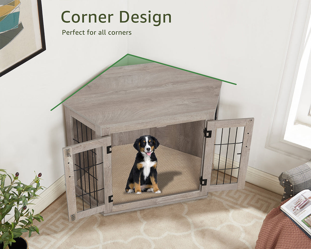Furniture for Dog Cage Unipaws, Wood Cachor and Dog Cage, Pets Cage for Limited Spaces, Medium Size, Age Grey