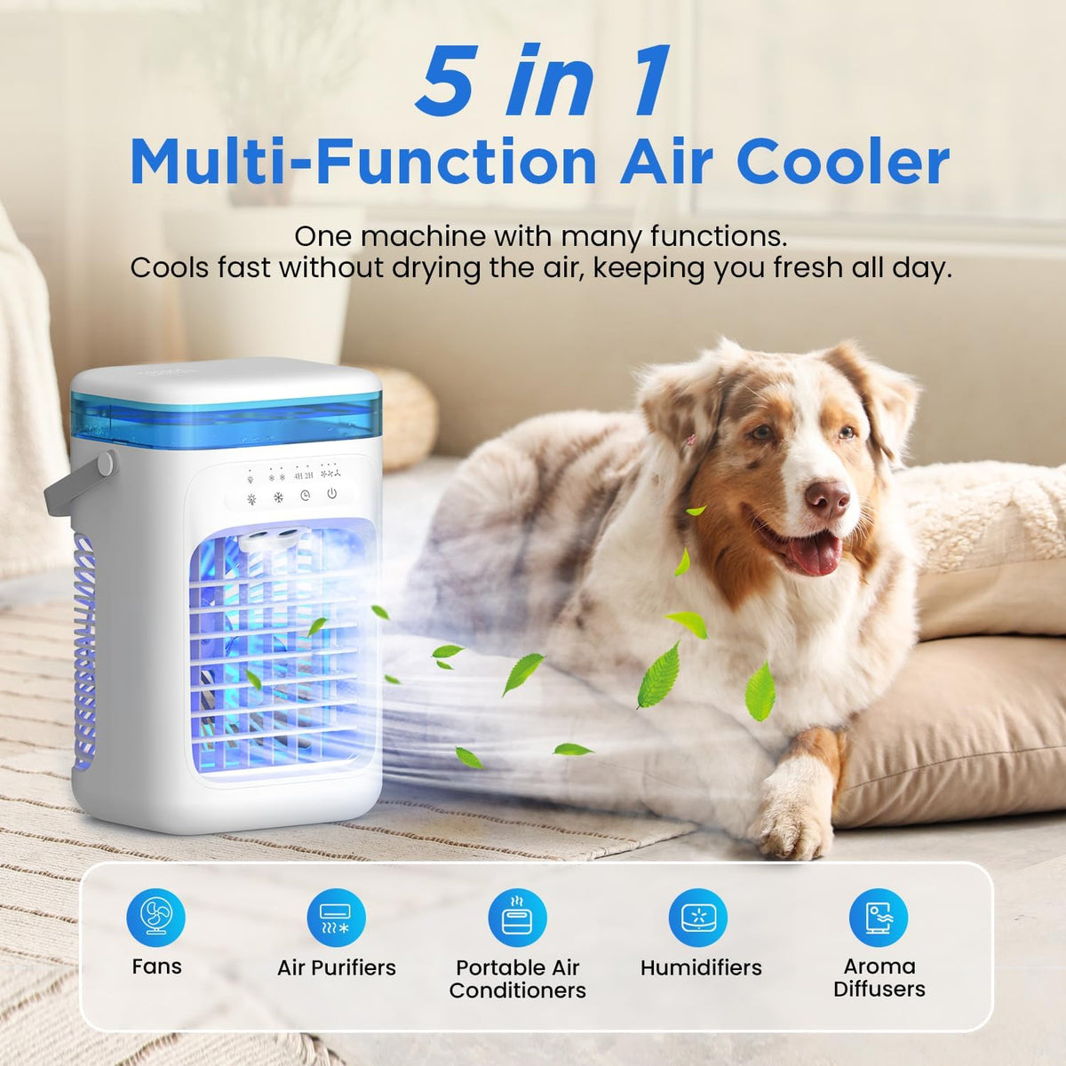 AIMIUVEI Mini Air Conditioning Portable, Air Friator 5 in 1, Fan with 1000 ml tank, 3 Velocities, 2 Nebulization modes, 2-4 hour timer, Refrigerator with 7 LED lights for Bedroom and Office