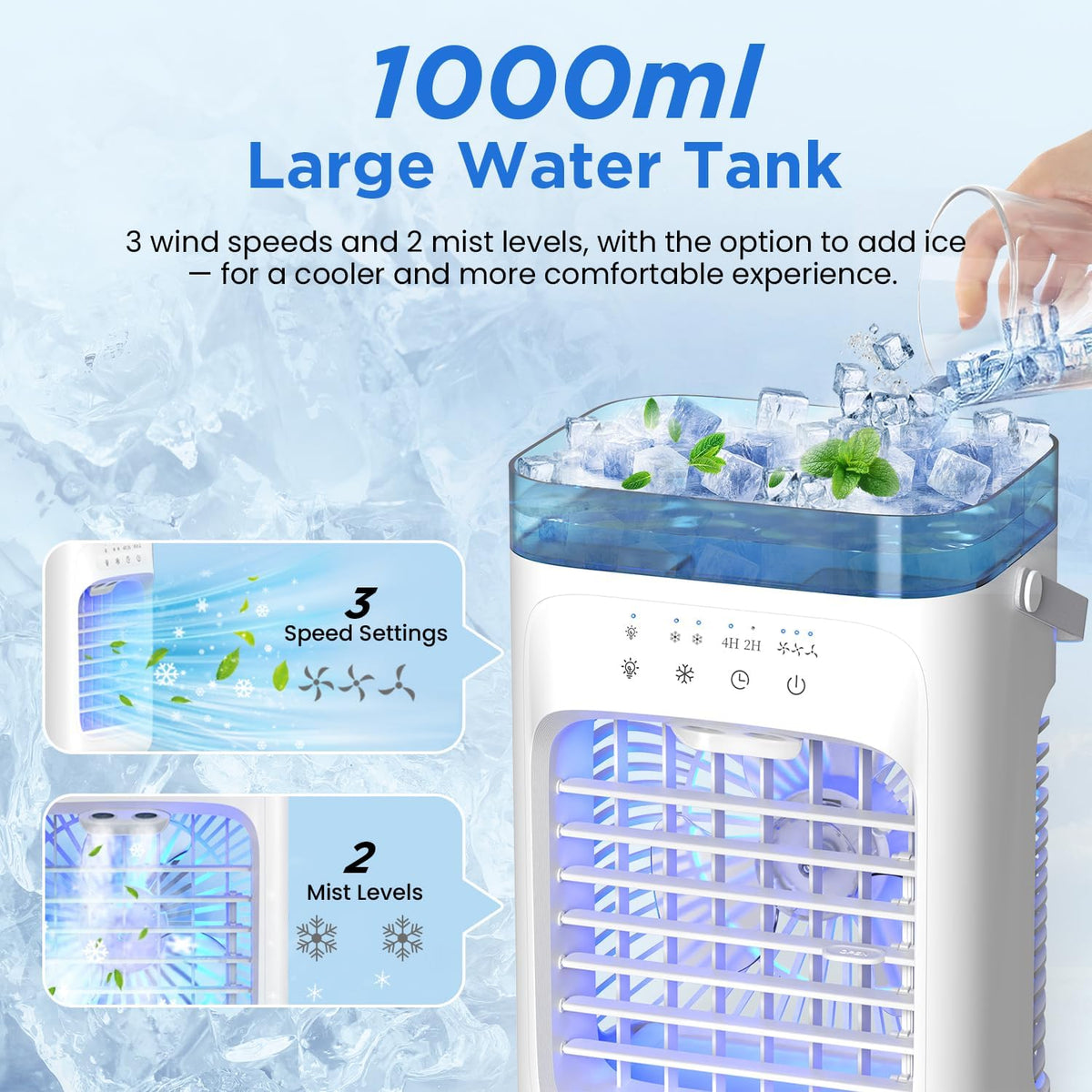 AIMIUVEI Mini Air Conditioning Portable, Air Friator 5 in 1, Fan with 1000 ml tank, 3 Velocities, 2 Nebulization modes, 2-4 hour timer, Refrigerator with 7 LED lights for Bedroom and Office