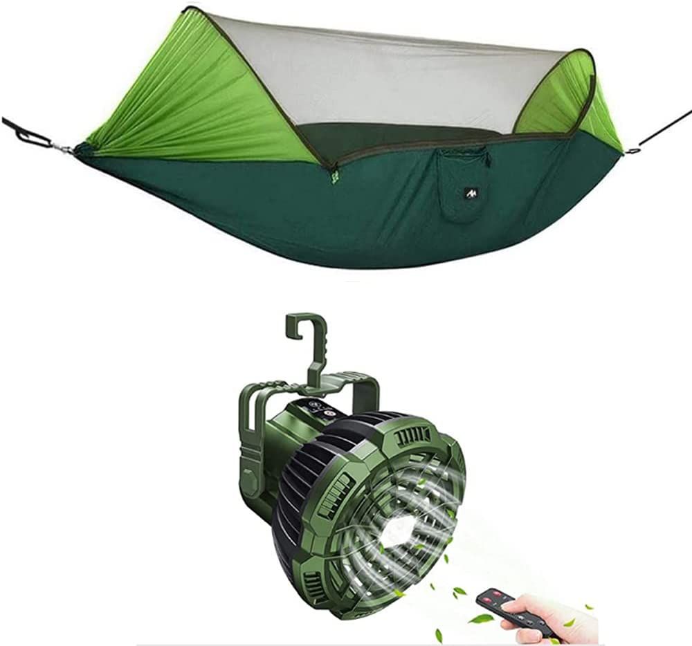 Camping hammock AYAMAYA with Mosquitera and Toldo for the Sun + Rechargeable Fan for Camping with LED Light