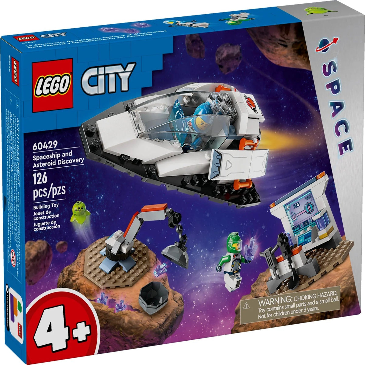 Set of Construction LEGO City Space Ship and Asteroid Discovery, Gift for 4-year-old children in advance who love the Imagination Game, includes 2 Minifigures of Space Crew, Alien, Crystals and Crane, 60429