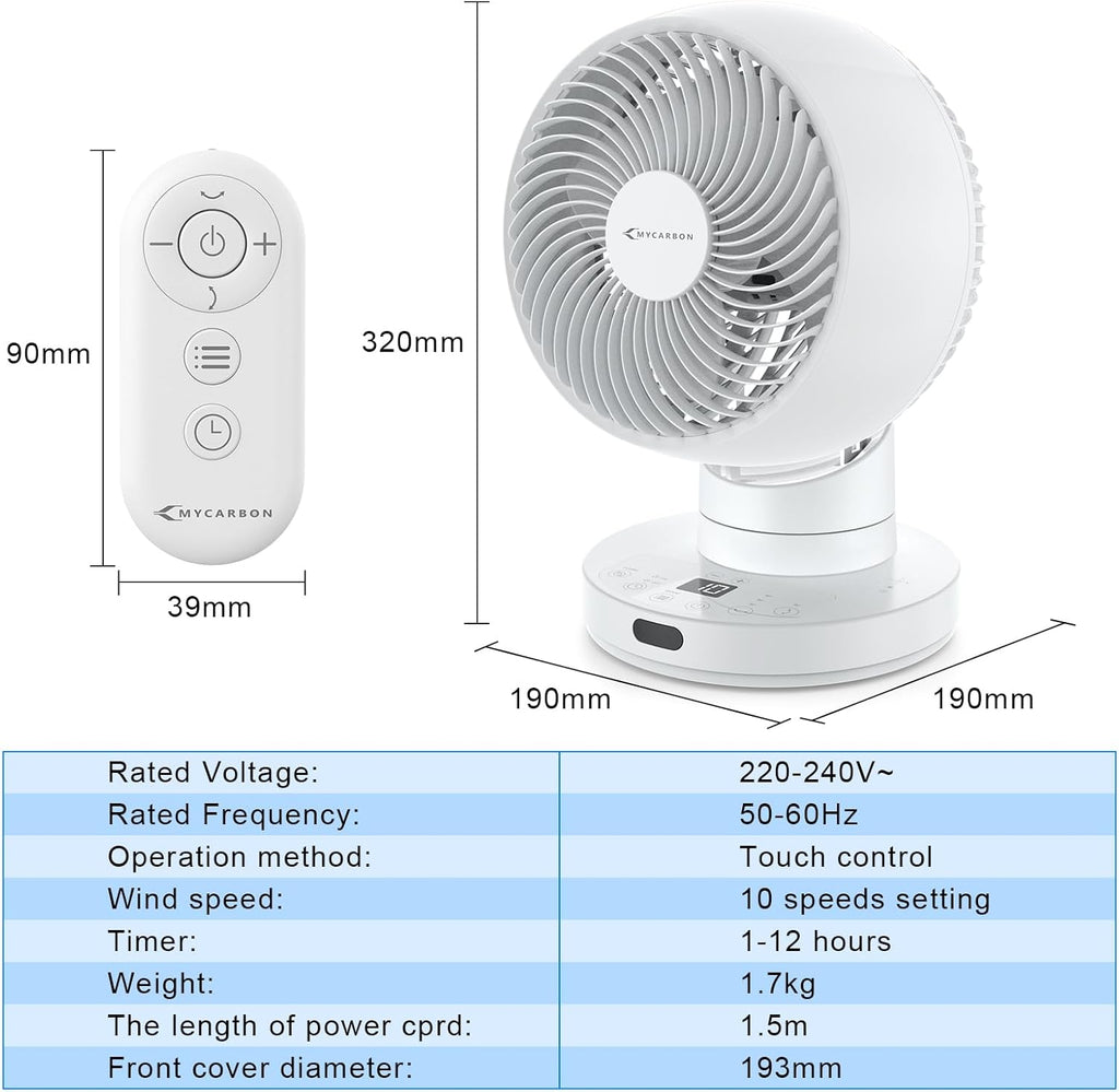 MYCARBON Silent Turbo Table Ventilator 20dB, DC Powerful Engine, 30 ° -60 ° -90 ° Oscillation, 11 Velocities, 12h Timer and Programmed Switch, with Remote Control