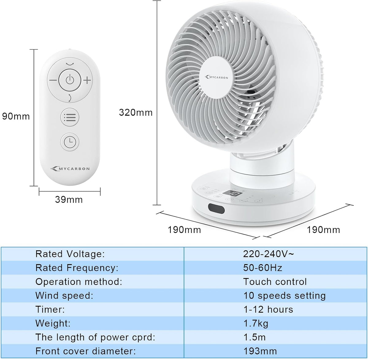 MYCARBON Silent Turbo Table Ventilator 20dB, DC Powerful Engine, 30 ° -60 ° -90 ° Oscillation, 11 Velocities, 12h Timer and Programmed Switch, with Remote Control
