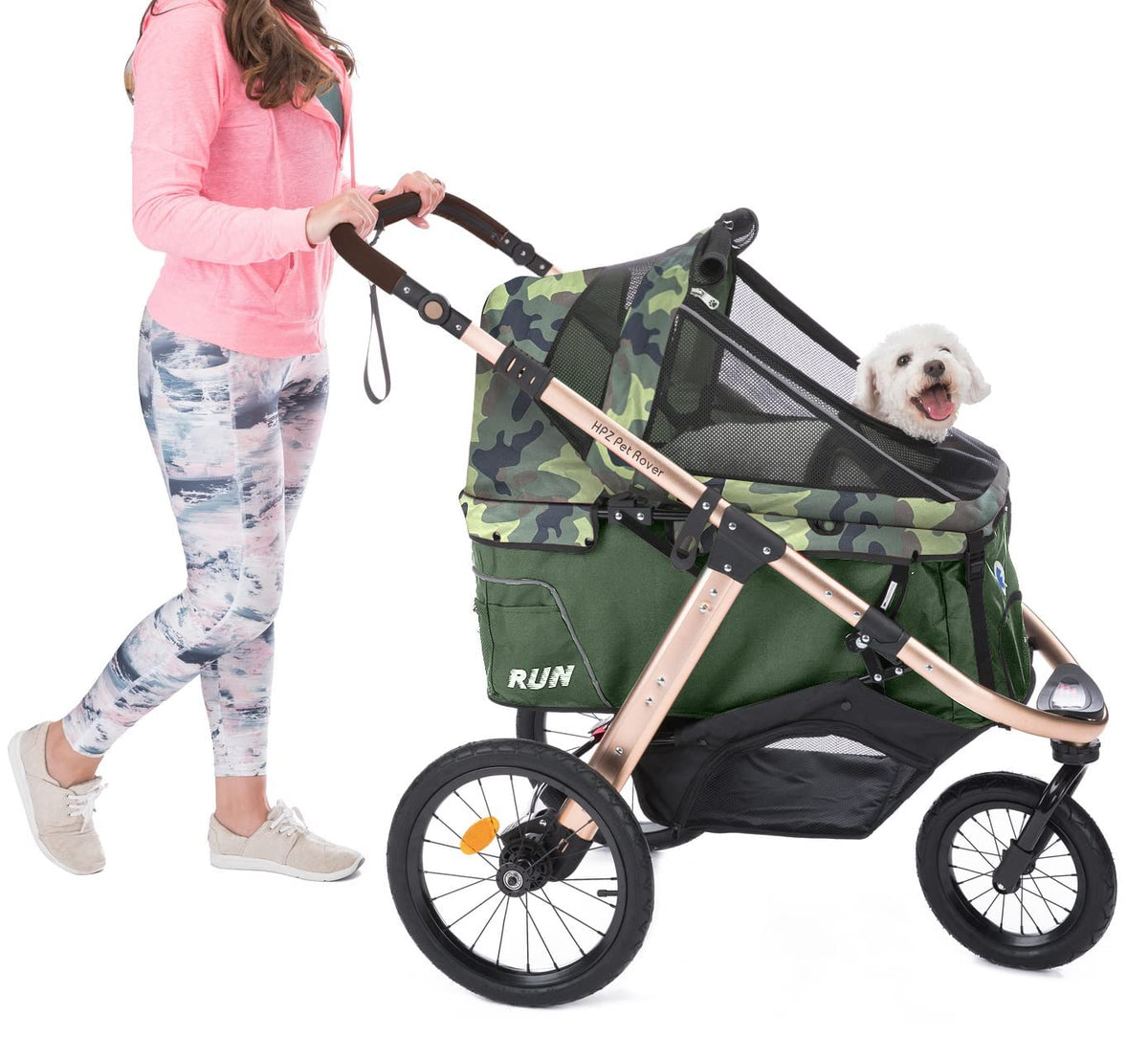 Sportive Car to Run with Confort Rubber Wheels / Quick Pledge with One Hand / Aluminium Structure for Dogs, Cats and Small or Medium Pets (Green Camouflage)
