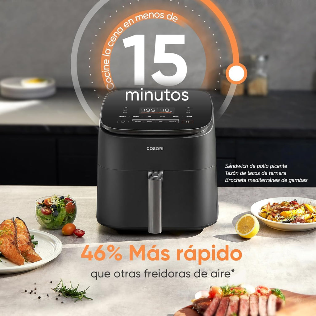 Cosori Turbo Blaze Air Freidora 6L, Real Metal Interior, Exclusive DC Motor, 46% Faster, Temperature 30 ° C to 230 ° C, Ideal for Asar Meat, Complete Kitchen Programs, Silent 27dB