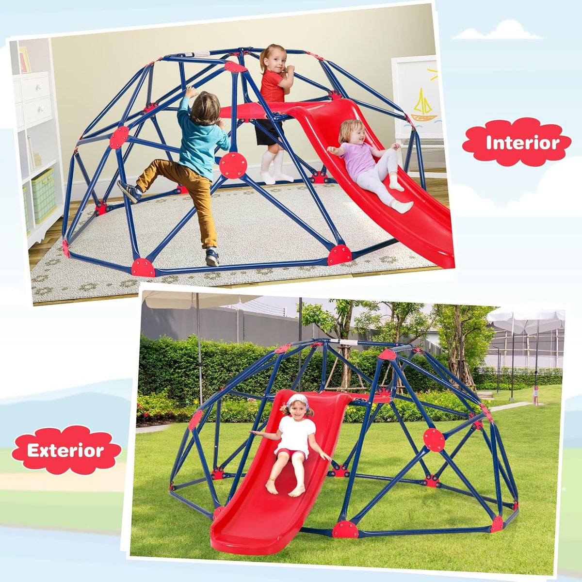 Climbing Dome, Geometric Dome Game with Resistant Tobogan, Costway 242 X 183 X 92cm Multicolor