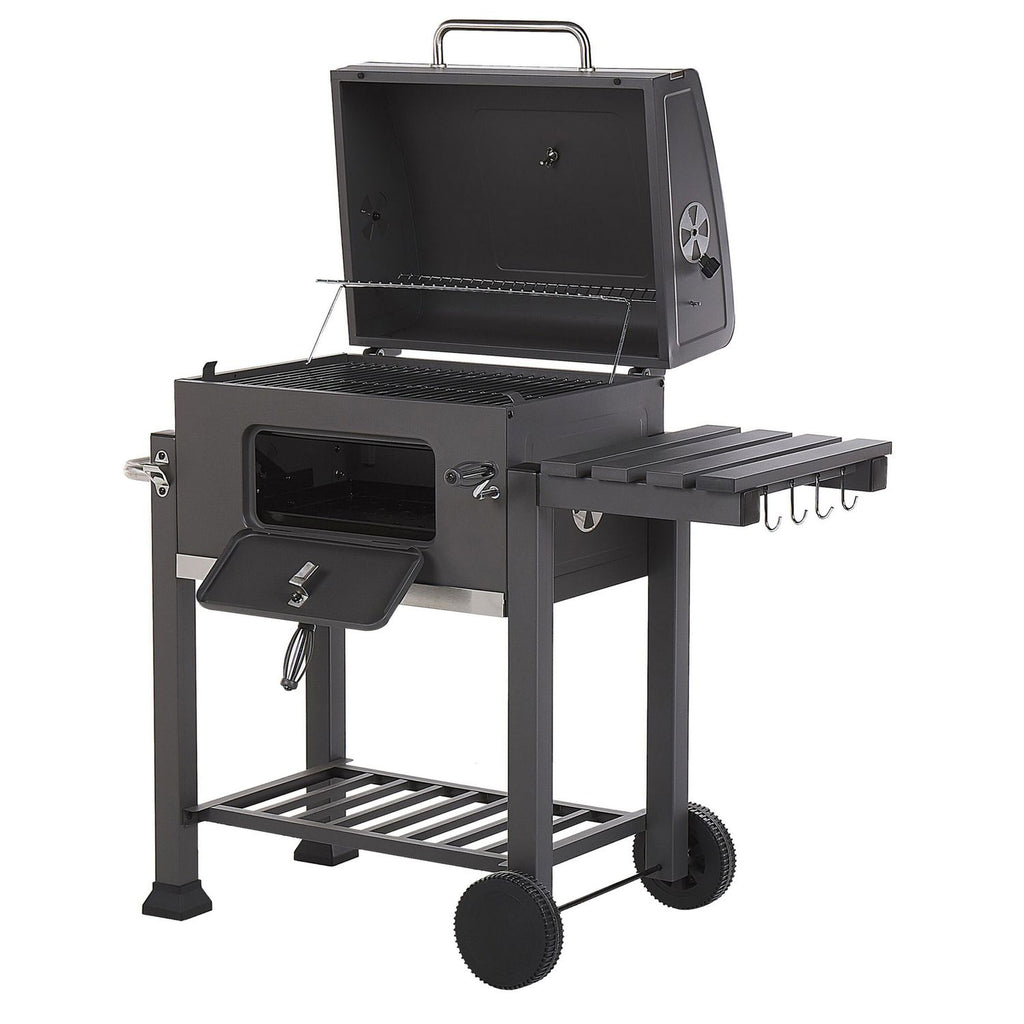 Coal Barbecue Grill Steel Grill with Row Cover Wheels 2 Stations Extractable Ash Thermometer Pavlof Garden - Gris