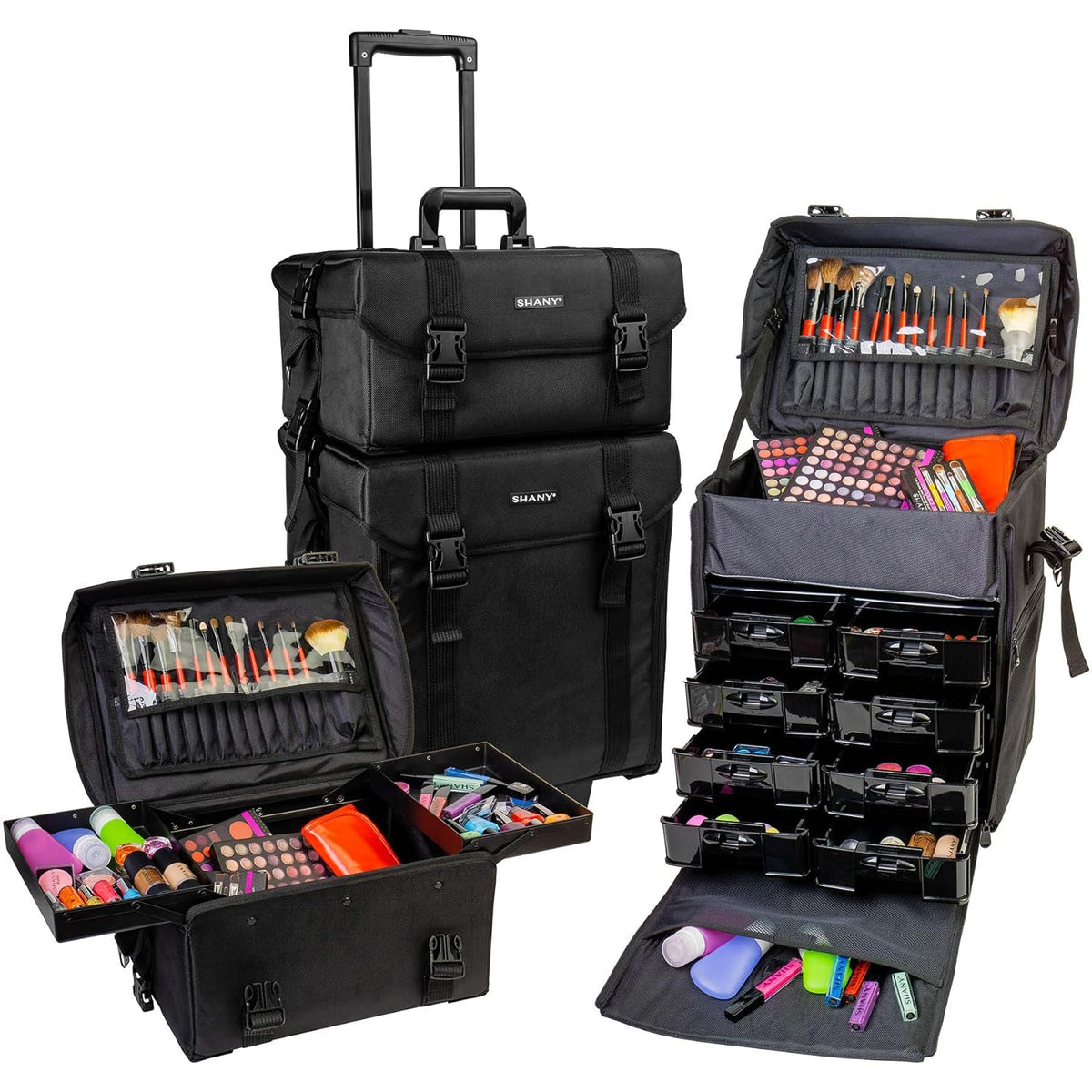 Azabache Black Vinyl Cosmetic Case with Wheels - Make-up Travel Bag