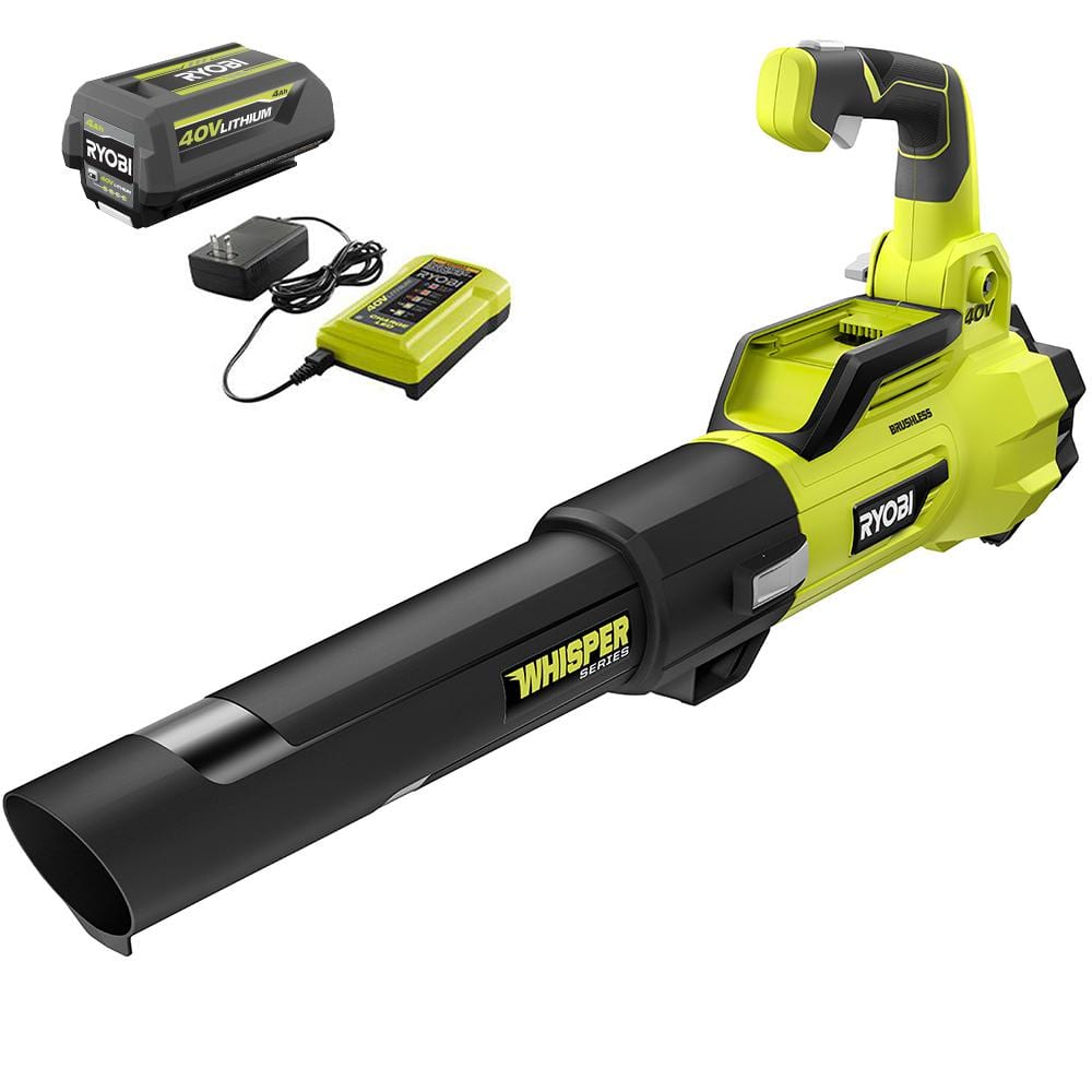 RYOBI Whisper Series 40V Brushless Wireless Battery Scan with Unbounded Motor, 125 MPH Speed and 550 CFM Air Flow, 4.0 Ah Battery and RY40470 Loader
