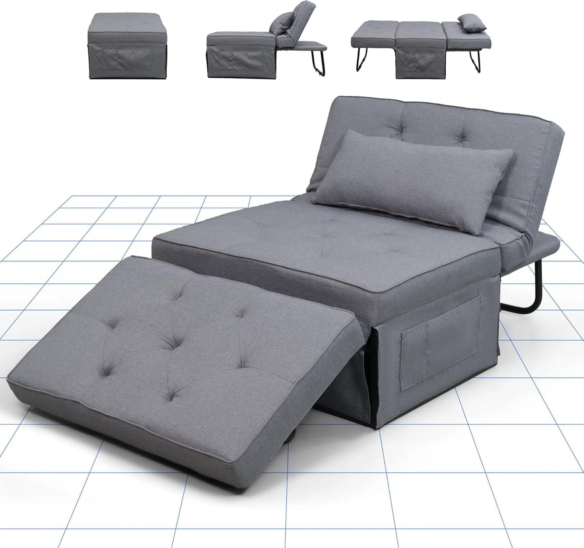 FLEXISPOT Sofa Bed Extendable Folding Sleeping Chair with Bed Function, Chair Beds with Function, Convertible Bed Chair, Load Capacity 300 kg, Grey