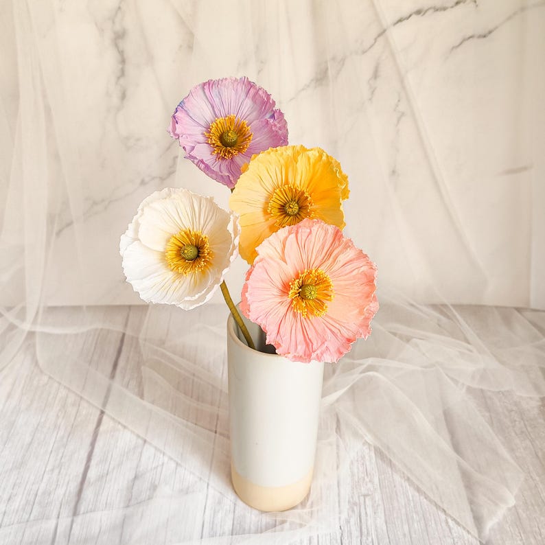 Crepe paper flowers, Icelandic poppies, bouquet of bride in pastel tones