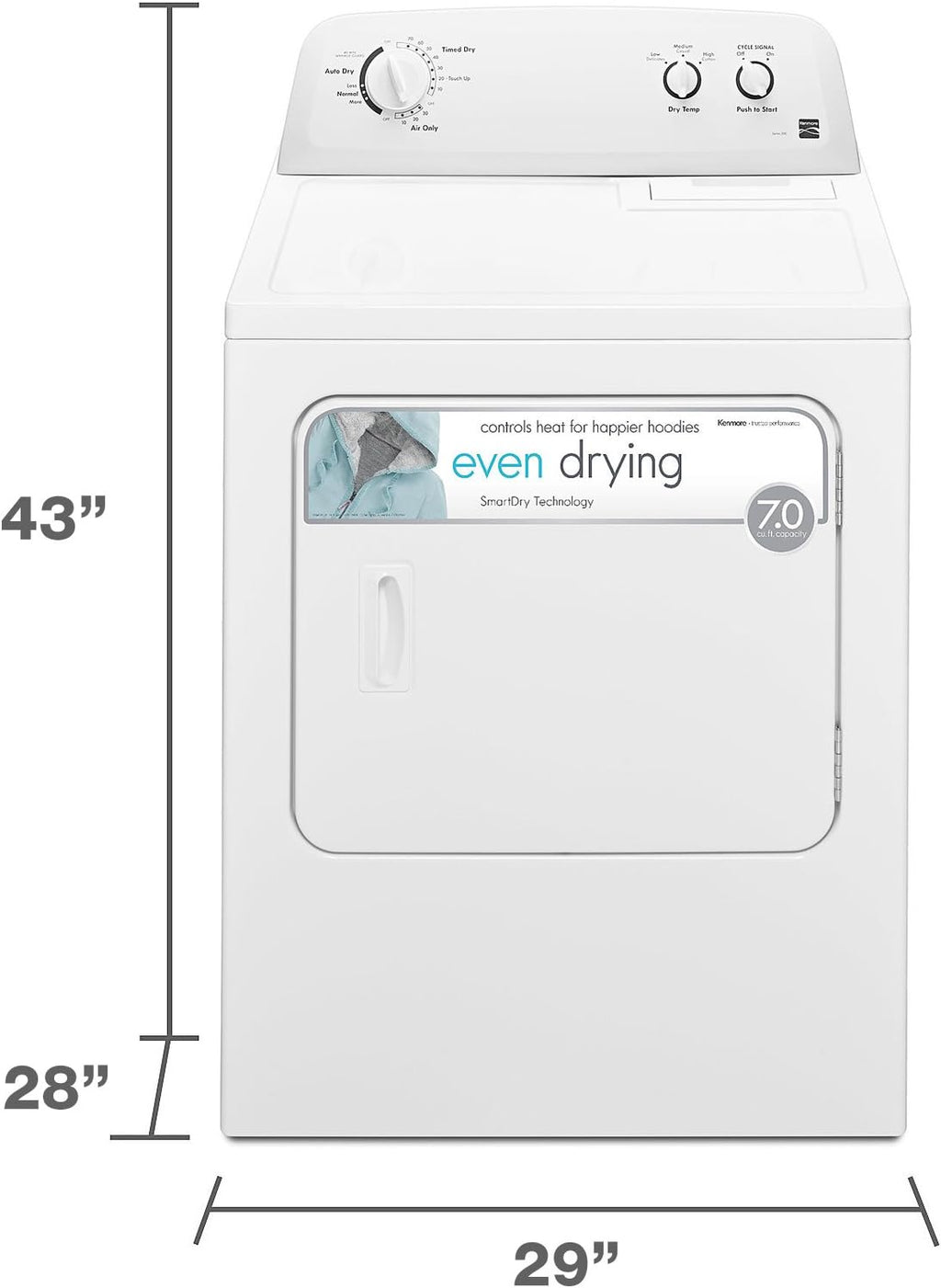 Kenmore Electric Dryer of 29 ″ Border Load with Wrinkle Guard Technology and Total capacity of 7.0 Cubic feet, White