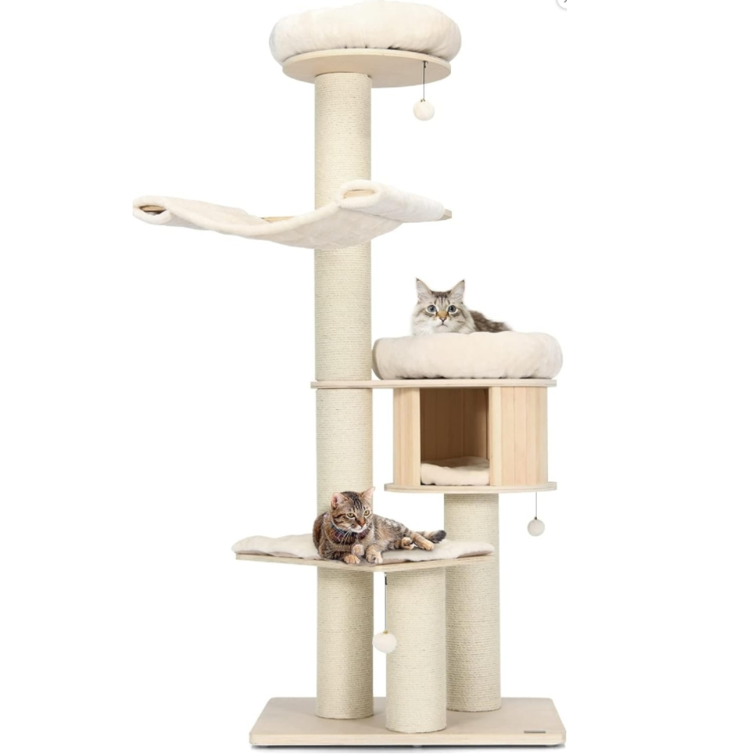 Large Cats Tree, Multiple Levels Tower with Sisal Poste, Hammock, Pendant Basket and Removable and Washable Carpets, Perfect for Big Cats