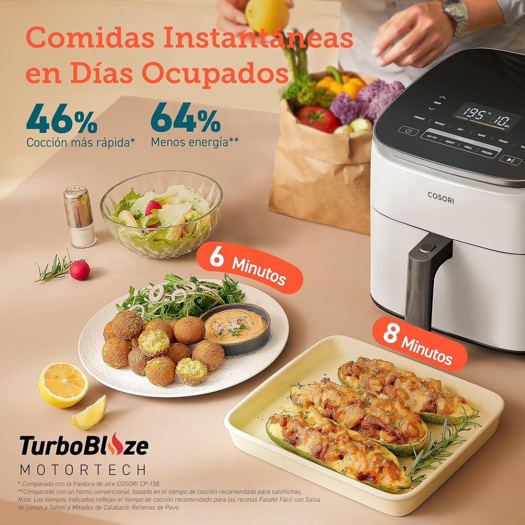Cosori Turbo Blaze Air Freidora 6L, Real Metal Interior, Exclusive DC Motor, 46% Faster, Temperature 30 ° C to 230 ° C, Ideal for Asar Meat, Complete Kitchen Programs, Silent 27dB