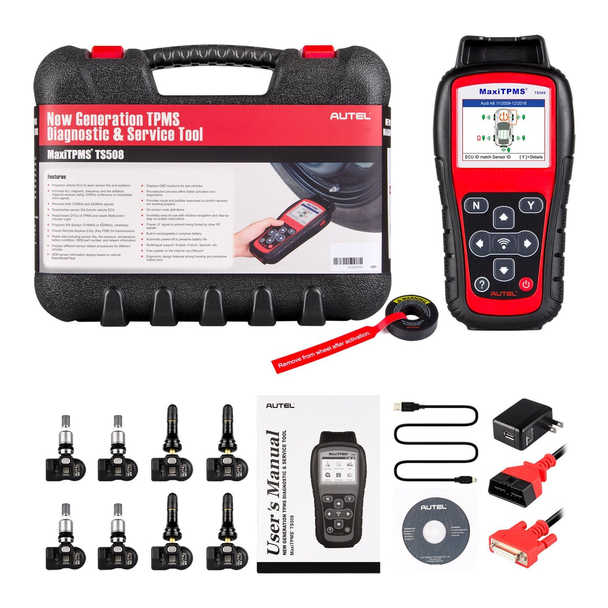 MaxipTMS TS508K Diagnostic and Service Tool, Interchangeable Valves with 4 315MHz MX Sensors and 4 433MHz MX Sensors