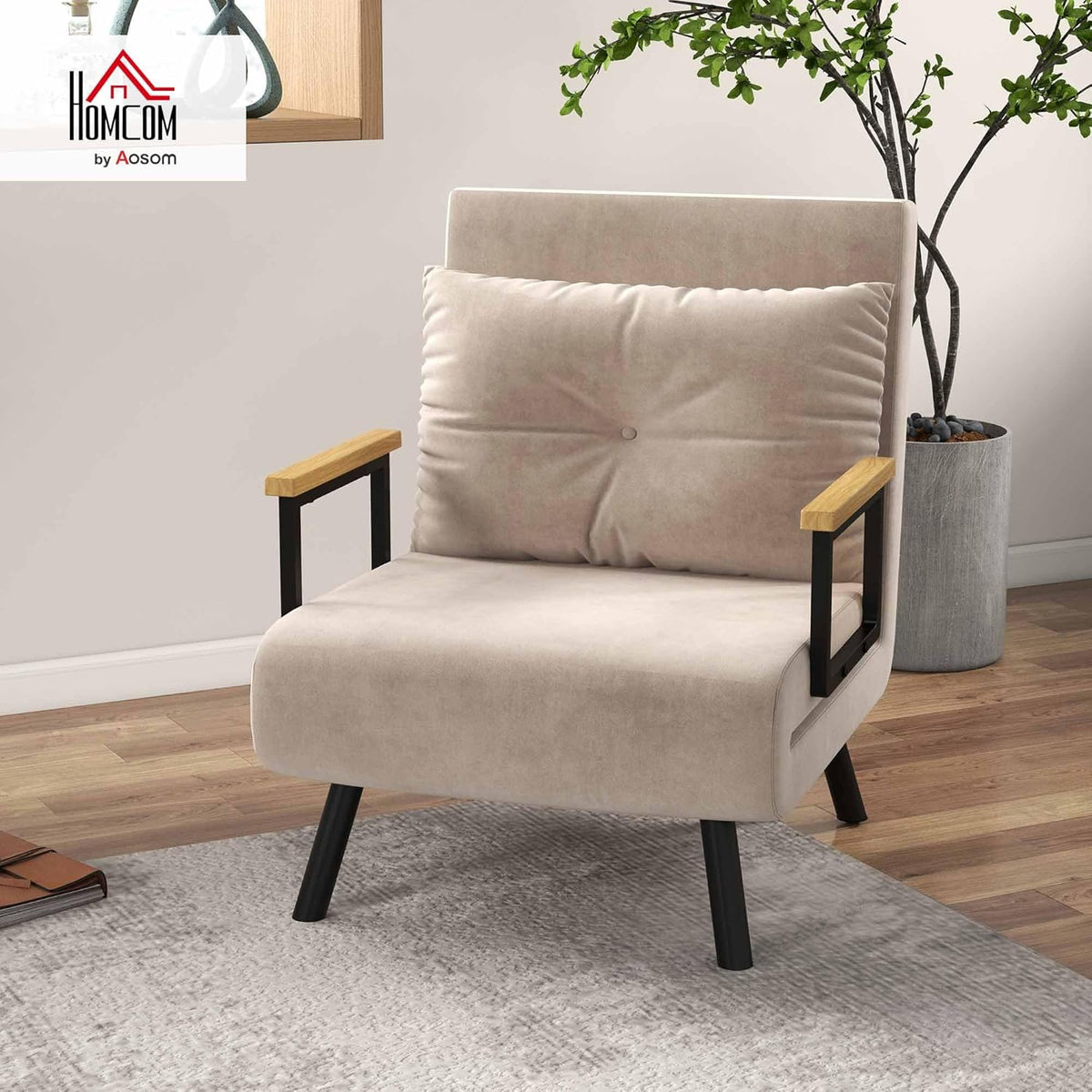 HOMCOM Sofa Bed 2 Seater Folding Sofa Bed Upholstered in Velvet with 5 Levels Adjustable Backrest and Padded Pillows for Office Bedroom Living Room 102 x 73 x 81 cm Beige