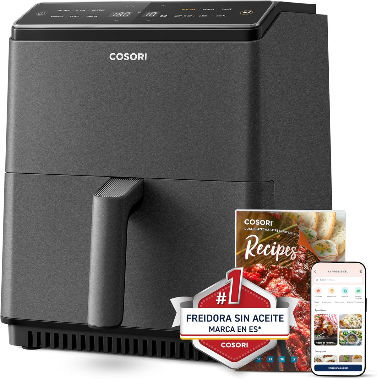COSORI Intelligent Freidor Without Oil 6.4L, Air Freidor with Double Warming, Without Revolver or Preheat, with Recipes in Spanish and 12 Programs, Dark Gris, Model CAF-P583S