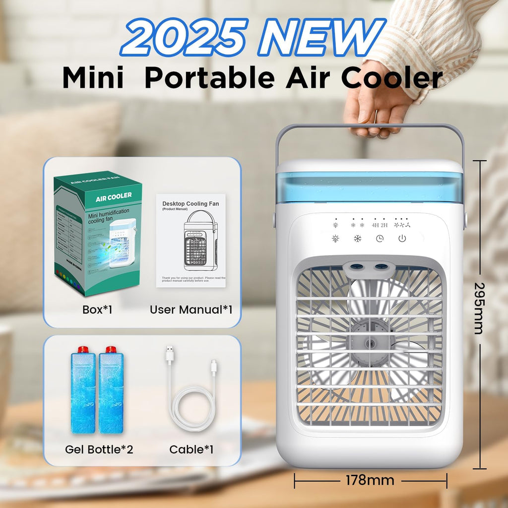 Mini Portable Air Conditioning with 1000 ml Tank, Air Friator 5 in 1 Silent, 3 Velocities / 2 Pulverization modes / Humidification / 7 LED lights / 2-4H timer, Home and Office Fan