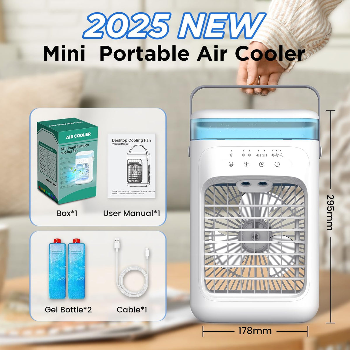 Mini Portable Air Conditioning with 1000 ml Tank, Air Friator 5 in 1 Silent, 3 Velocities / 2 Pulverization modes / Humidification / 7 LED lights / 2-4H timer, Home and Office Fan