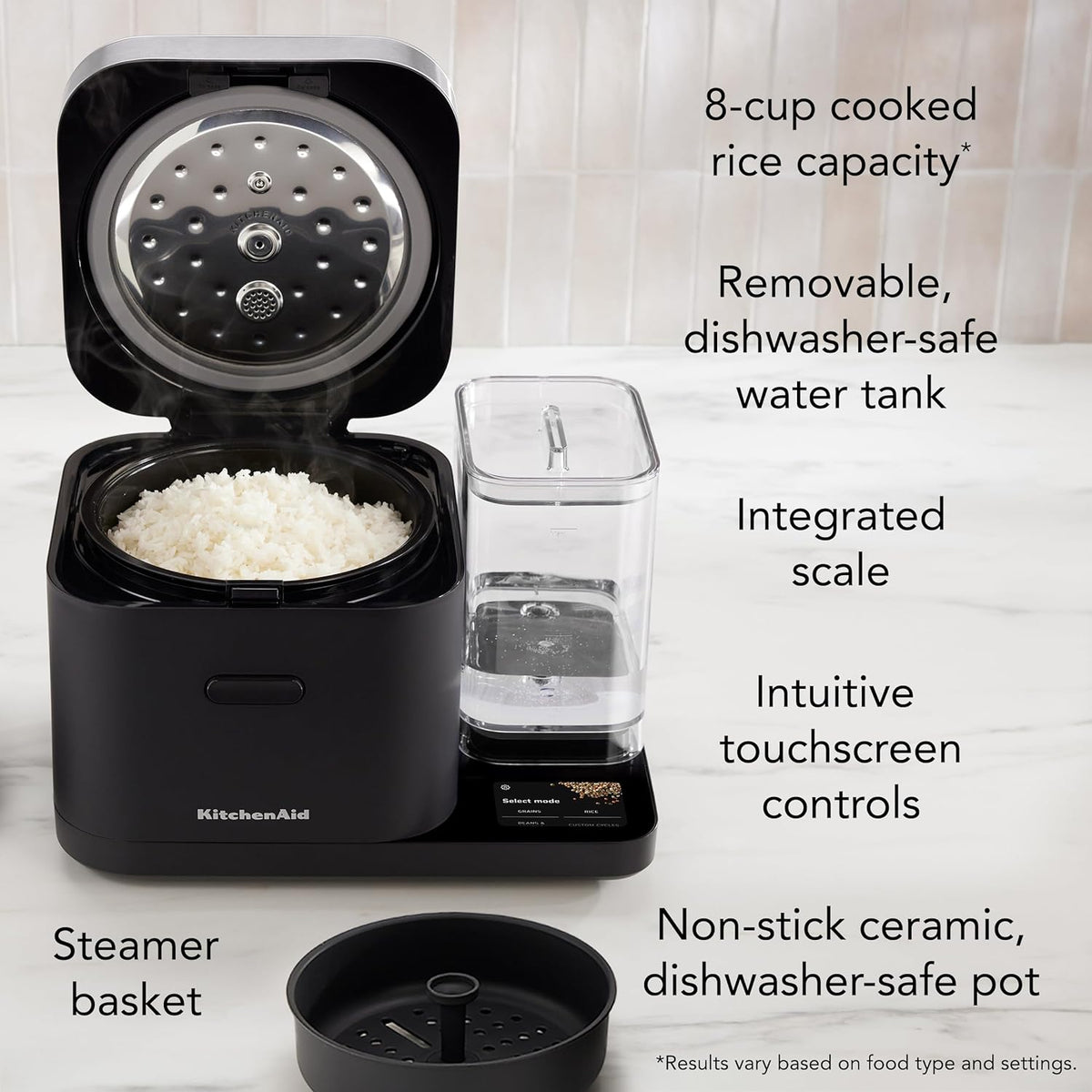 8-cup Grain and Rice Cook KitchenAid with Integrated Balance and Programmed Cooking, KGC3155BM