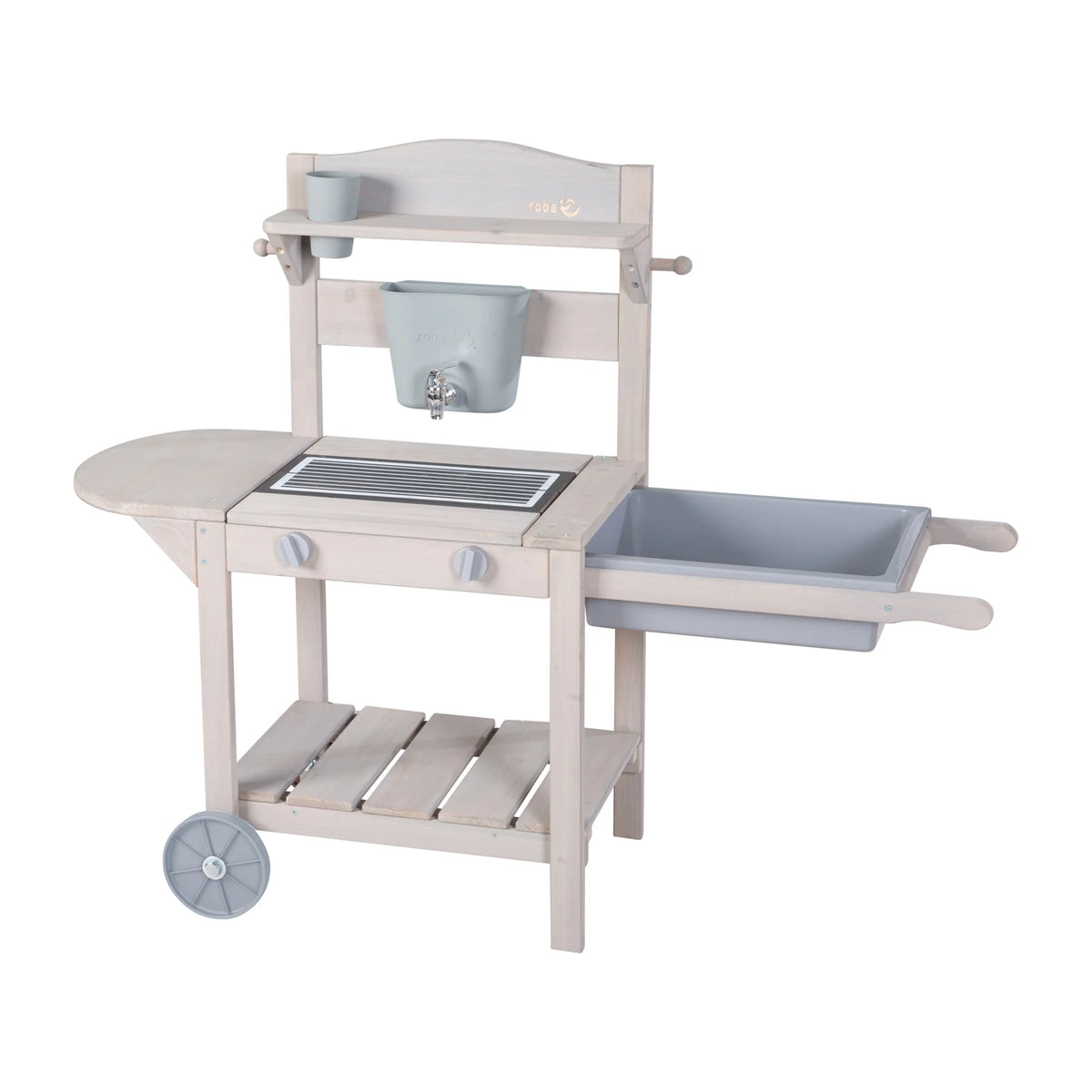 Play and mud mobile kitchen with BBQ for children - FSC certified wood - Engraving grey finish