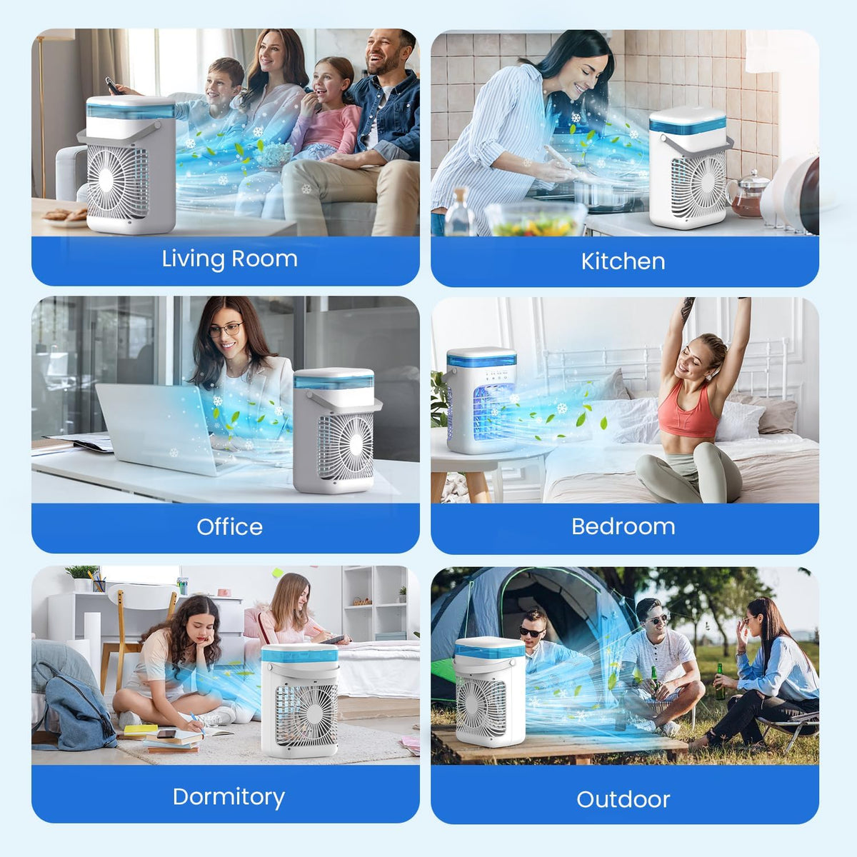 Mini Portable Air Conditioning with 1000 ml Tank, Air Friator 5 in 1 Silent, 3 Velocities / 2 Pulverization modes / Humidification / 7 LED lights / 2-4H timer, Home and Office Fan