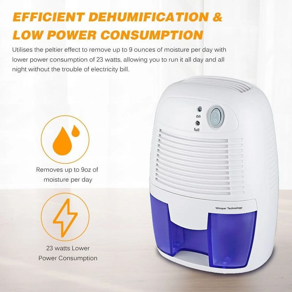 Meterk Mini Silent Dehumidifier for 100 square feet with 250 ml / day dehumidification capacity and 500 ml Water Tank - Plug-in Peltier type for RV, Caravan, Reptiles, Wardrobes, Camper, Plants, Bathroom
