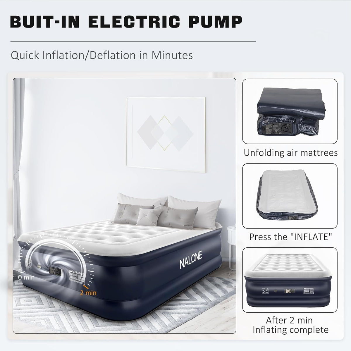 Inflable NALONE, Inflable bed with Inflable Pump, Inflated in Only 3 Minutes, for Guest or Home Use, 203 x 152 x 46 cm, Maximum weight 310 kg, Double bed