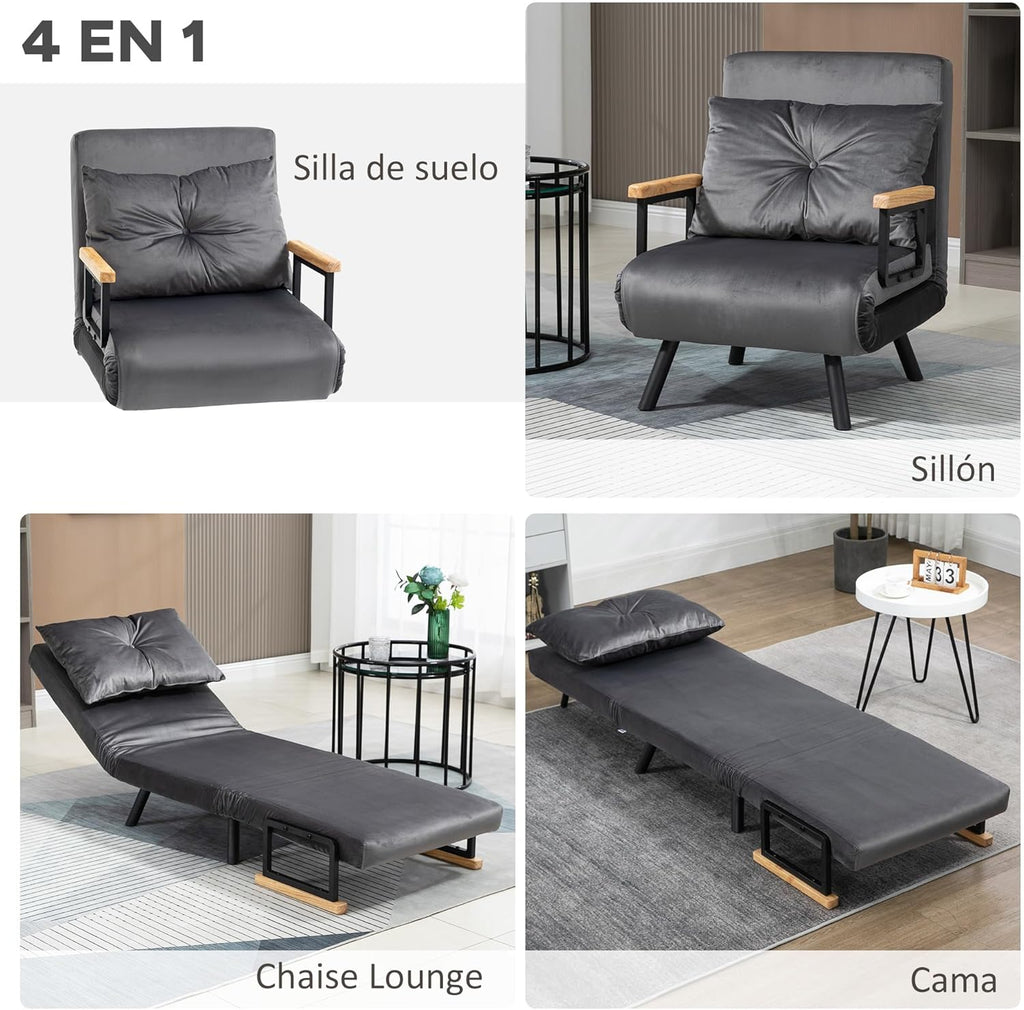 HOMCOM Sofa Bed 2 Seater Folding Sofa Bed Upholstered in Velvet with 5 Levels Adjustable Backrest and Padded Pillows for Office Bedroom Living Room 102 x 73 x 81 cm Beige