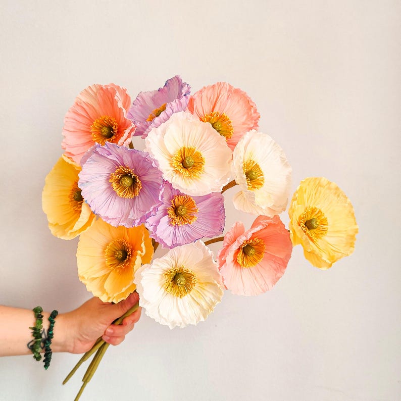 Crepe paper flowers, Icelandic poppies, bouquet of bride in pastel tones